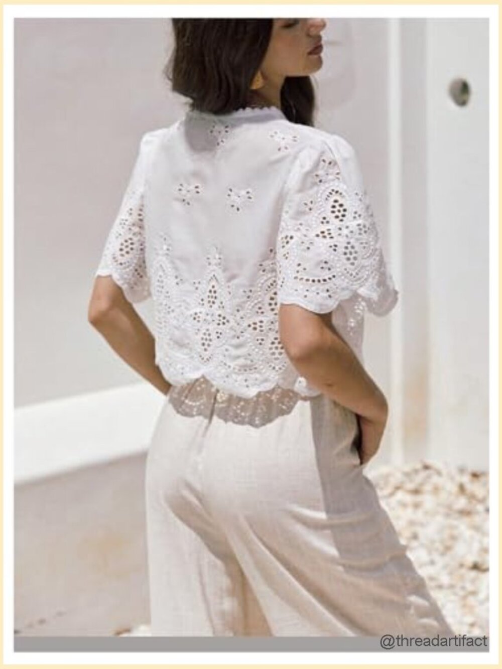 Hollow Tie Front Crop Top Ruffle Short Sleeve V Neck Blouse - Picture 2 of 5